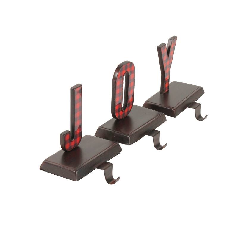 Set of 3 Red Black Buffalo Plaid "JOY" Christmas Stocking Holder 6"