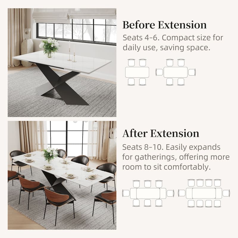 63-95"Extendable Modern Dining Table for 4-10, White Glossy Sintered Stone Tabletop, black X-Shaped Steel Legs - 94.5