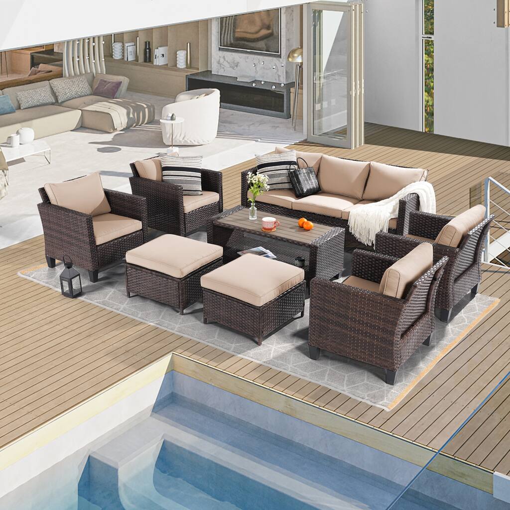 BONOSUKI 8-Piece Patio Sofa Set Brown Rattan Furniture Set w/Ottomans