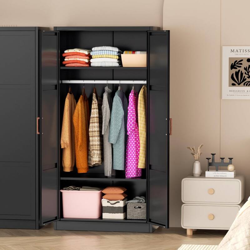 72'' Metal Armoire Wardrobe Closet with Wooden Handle and Hanging Rods, Clothing Closet Storage Cabinet with Adjustable Shelves - Black