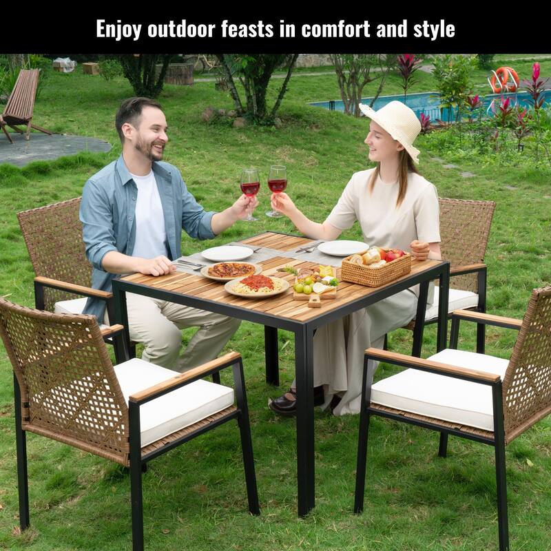 All Weather 5-Piece Patio Dining Table Sets, Patio Conversation Set Acacia Wood Table Top with Umbrella Hole, Rattan Outdoor