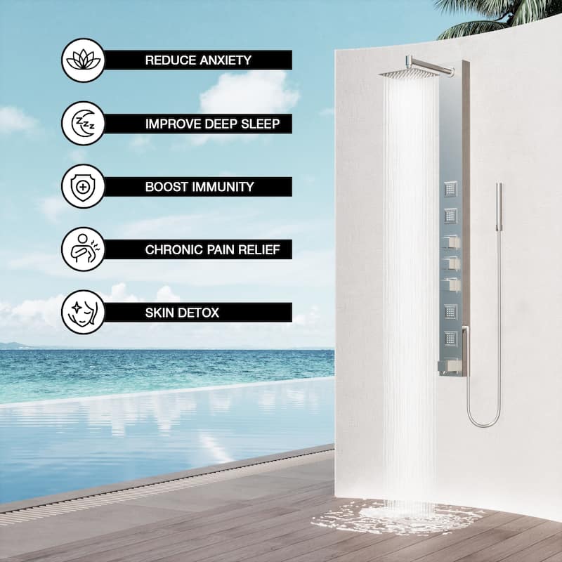 VIGO Bowery 58" H x 5" W 4-Jet Shower Panel with Square Shower Head and Tub Filler