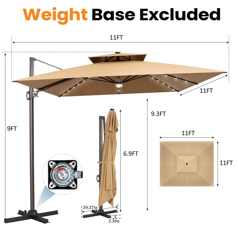 VredHom Solar LED Light 11FT Square Outdoor Cantilever Patio Umbrella without Base