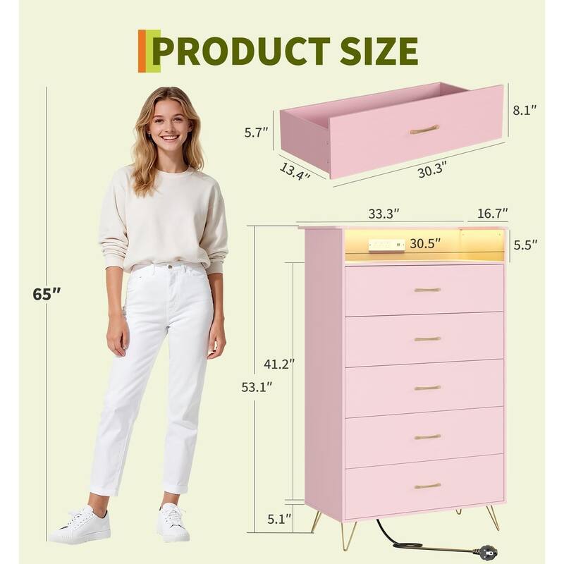 5-Drawer Dresser for Bedroom with Charging Station & RGB Lights