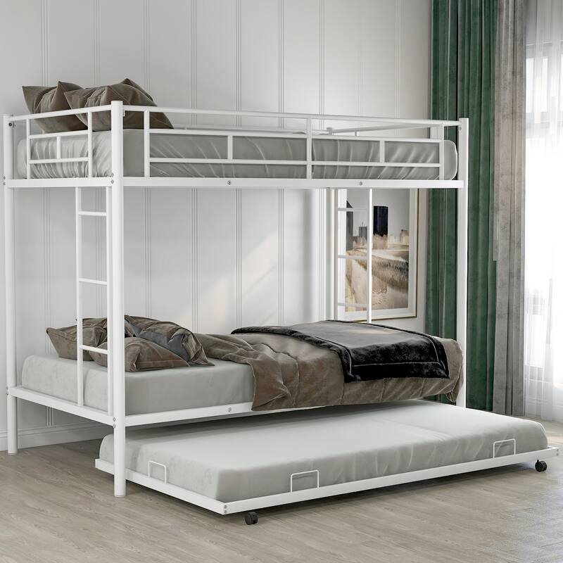 White Twin Over Twin Bunk Bed with Trundle, Space-Saving Design - White