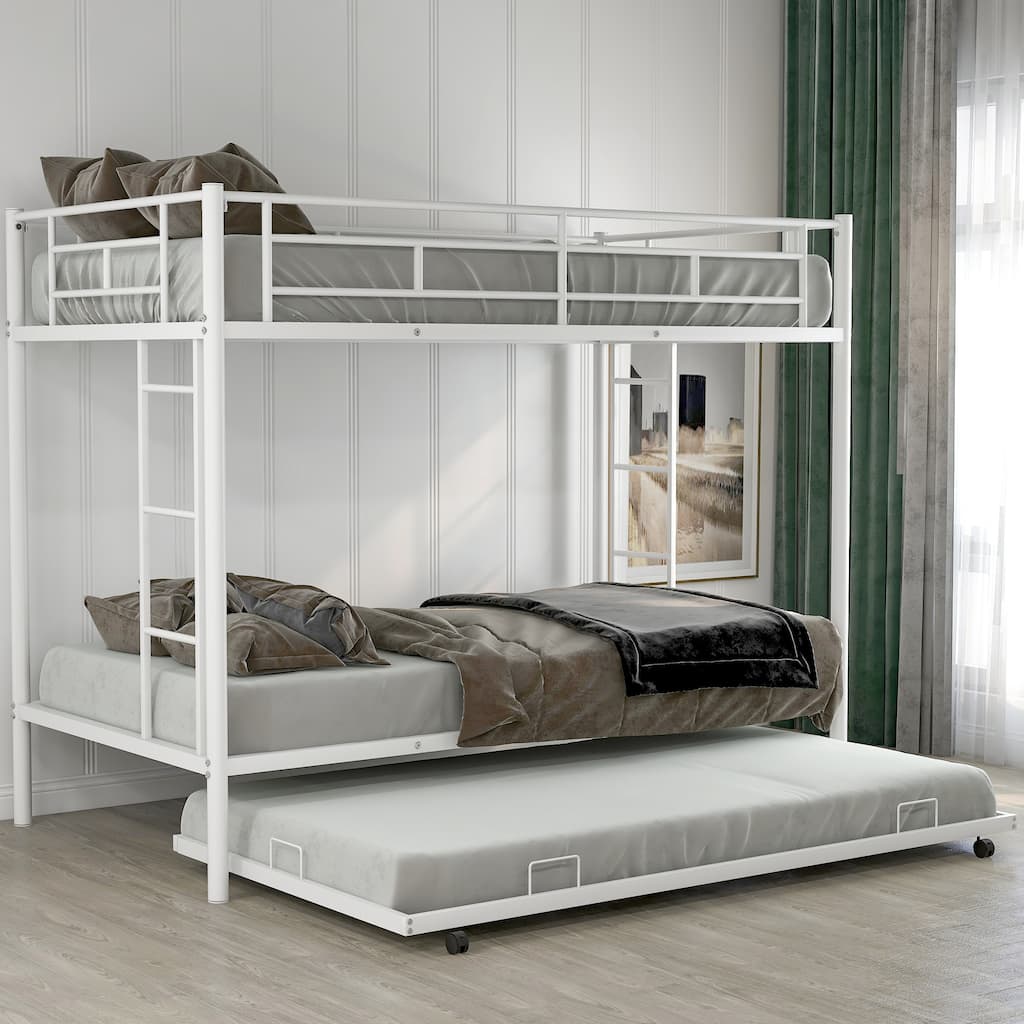 White Twin Over Twin Bunk Bed with Trundle, Space-Saving Design