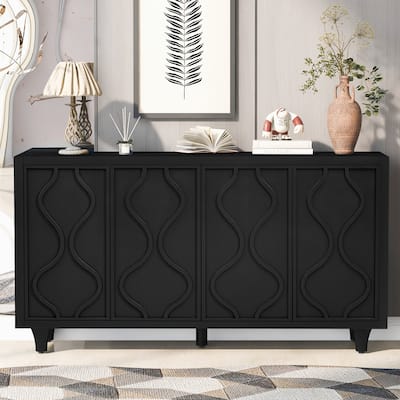 Embossed Curves Accent Storage Cabinet Sideboard Buffet with Adjustable Shelf, Carved Entrance Cabinet Coffee Bar Cabinet, Black