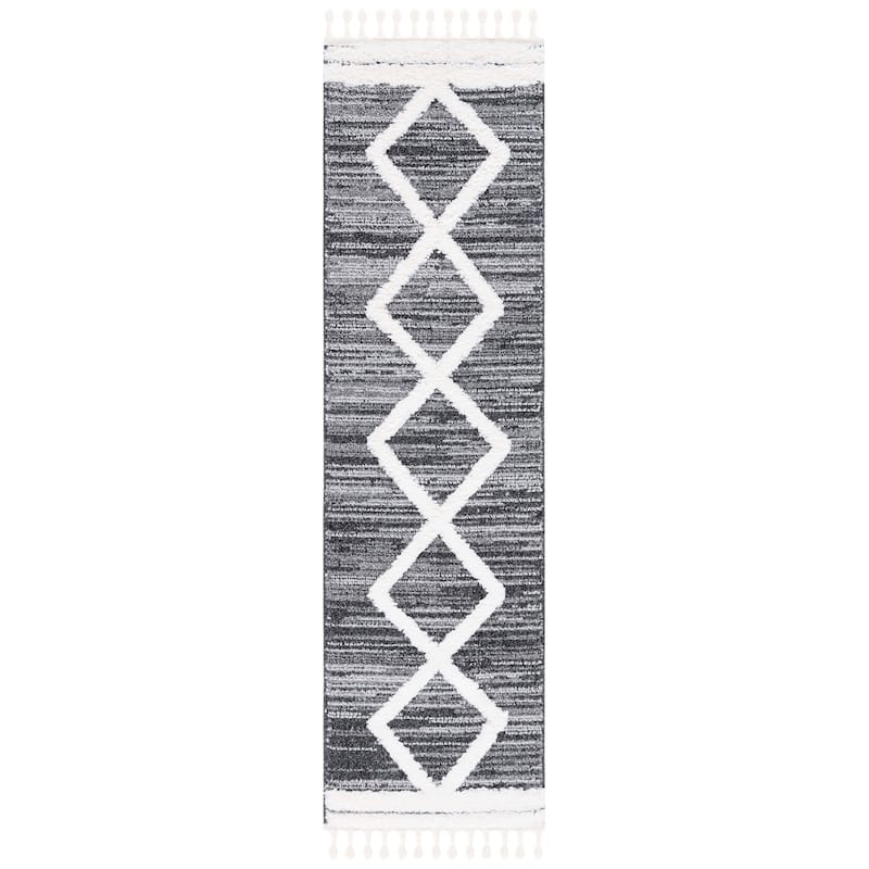 SAFAVIEH Moroccan Tassel Shag Lempi 2-inch Thick Rug - 2'3" x 8' Runner - Black/Ivory