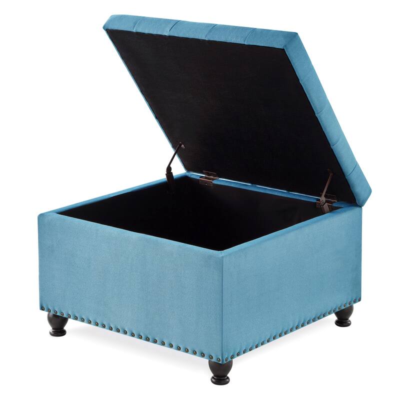 Large square storage ottoman with wooden legs,Upholstered button tufted coffee table with nail trims,Light Blue