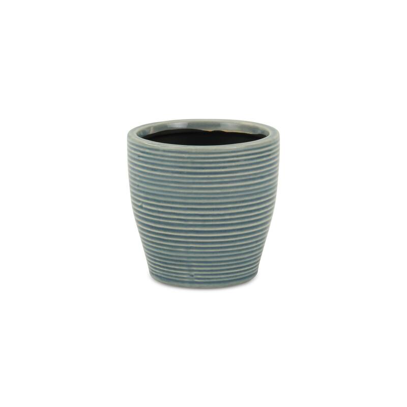 HomeRoots Blue Ceramic 22 Ounce Striped Round Distressed Pot Planter - 4.25 in. x 4.25 in. x 4.25 in.
