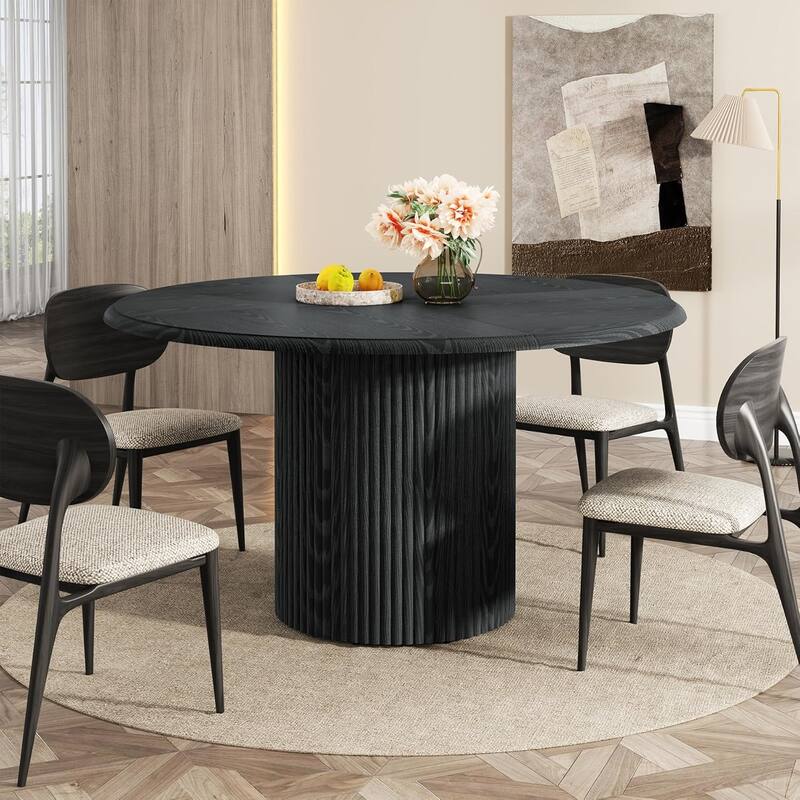 Round Dining Table Kitchen Table, Farmhouse Dinner Table with Metal Base