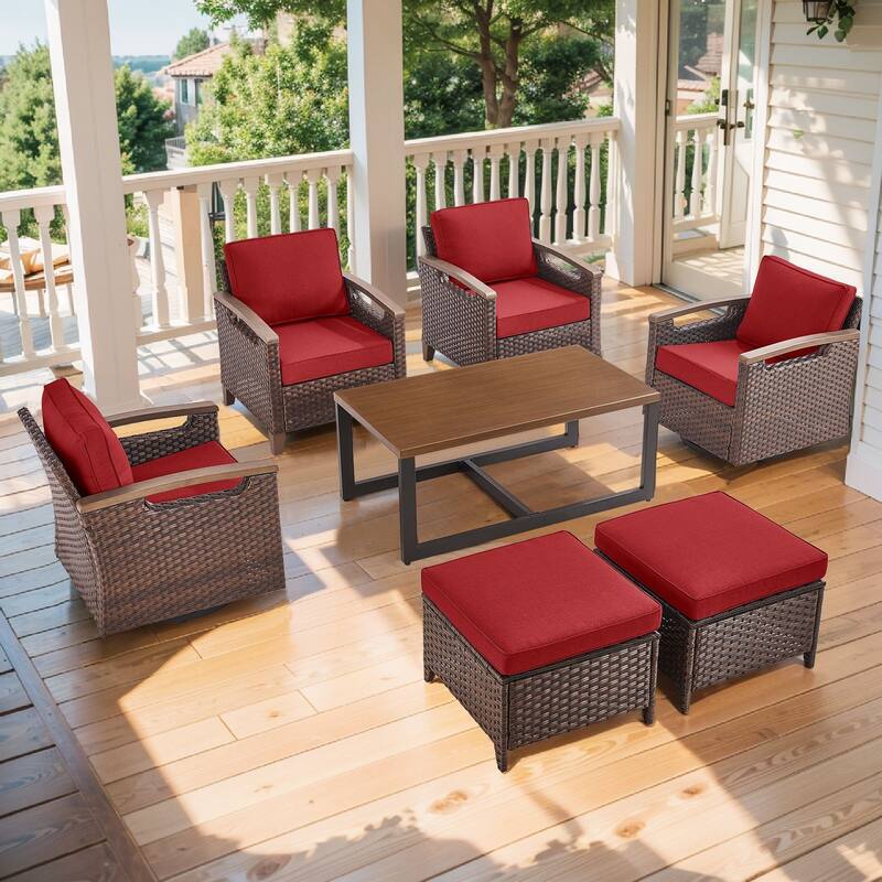 Pocassy Outdoor Swivel Chair with Cushion Set - Red Cushion - Swivel Chairs with Club Chair Ottomam Table Set