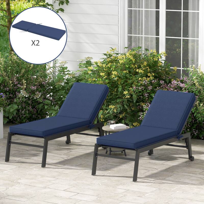 Outsunny 2 Patio Chaise Lounge Chair Cushions with Backrests, Replacement Patio Cushions with Ties for Outdoor Poolside Lounge - Dark Blue