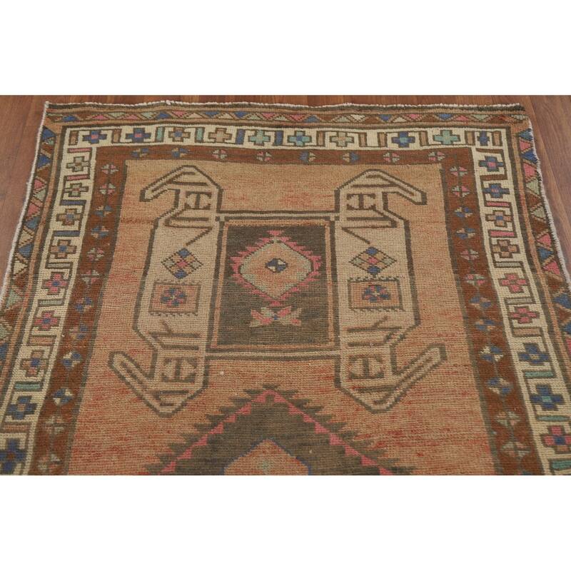 Tribal Ardebil Persian Vintage Runner Rug Handmade Orange Wool Carpet - 3'7" x 13'1"