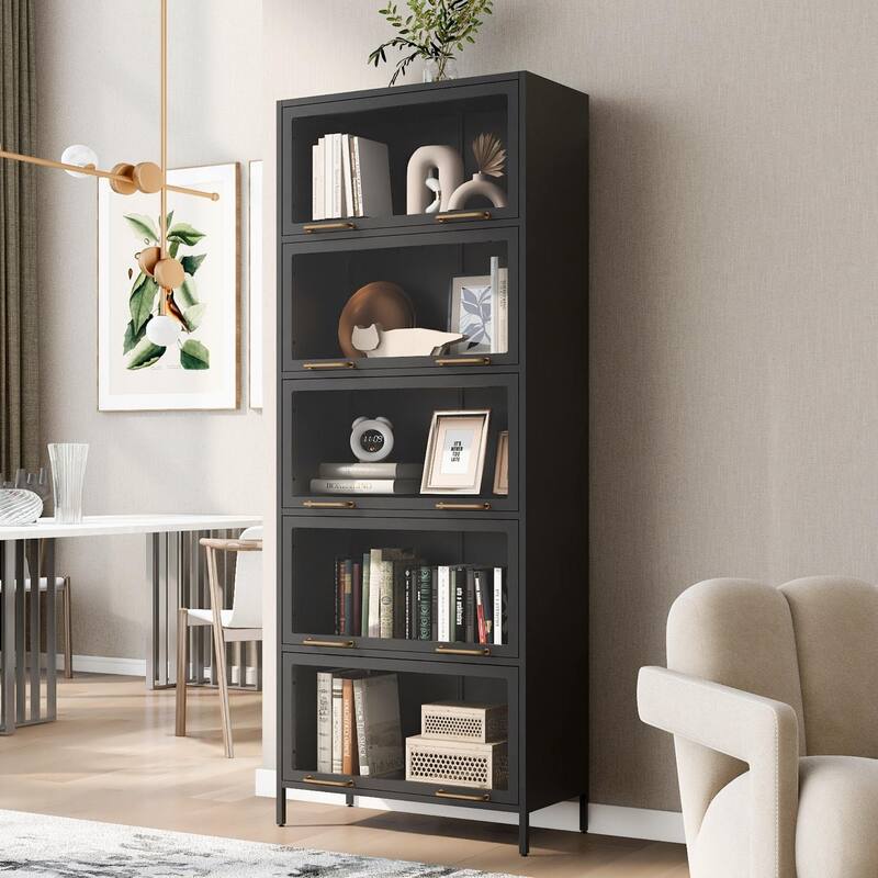 78.75'' Display Cabinet w/LED Lights, 5-Tier Tall Bookshelf with Glass Doors Bookshelves Bookcase