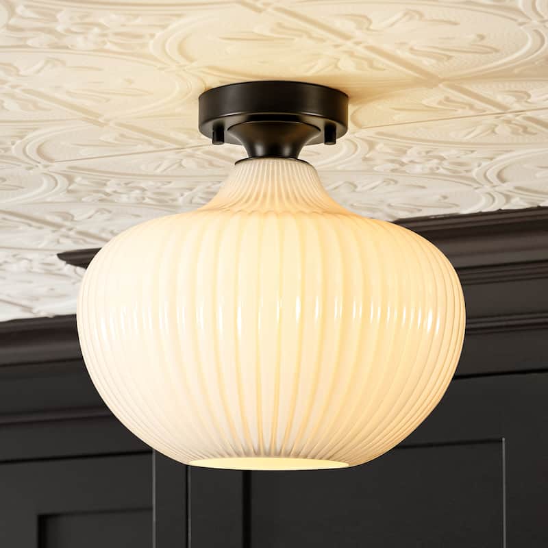 1-Light Modern Elegant Ribbed Glass Flush Mount with Brushed Brass/Matte Black Finish for Bedroom & Foyer - 11.8 in. W x 12.2 in. H - Black