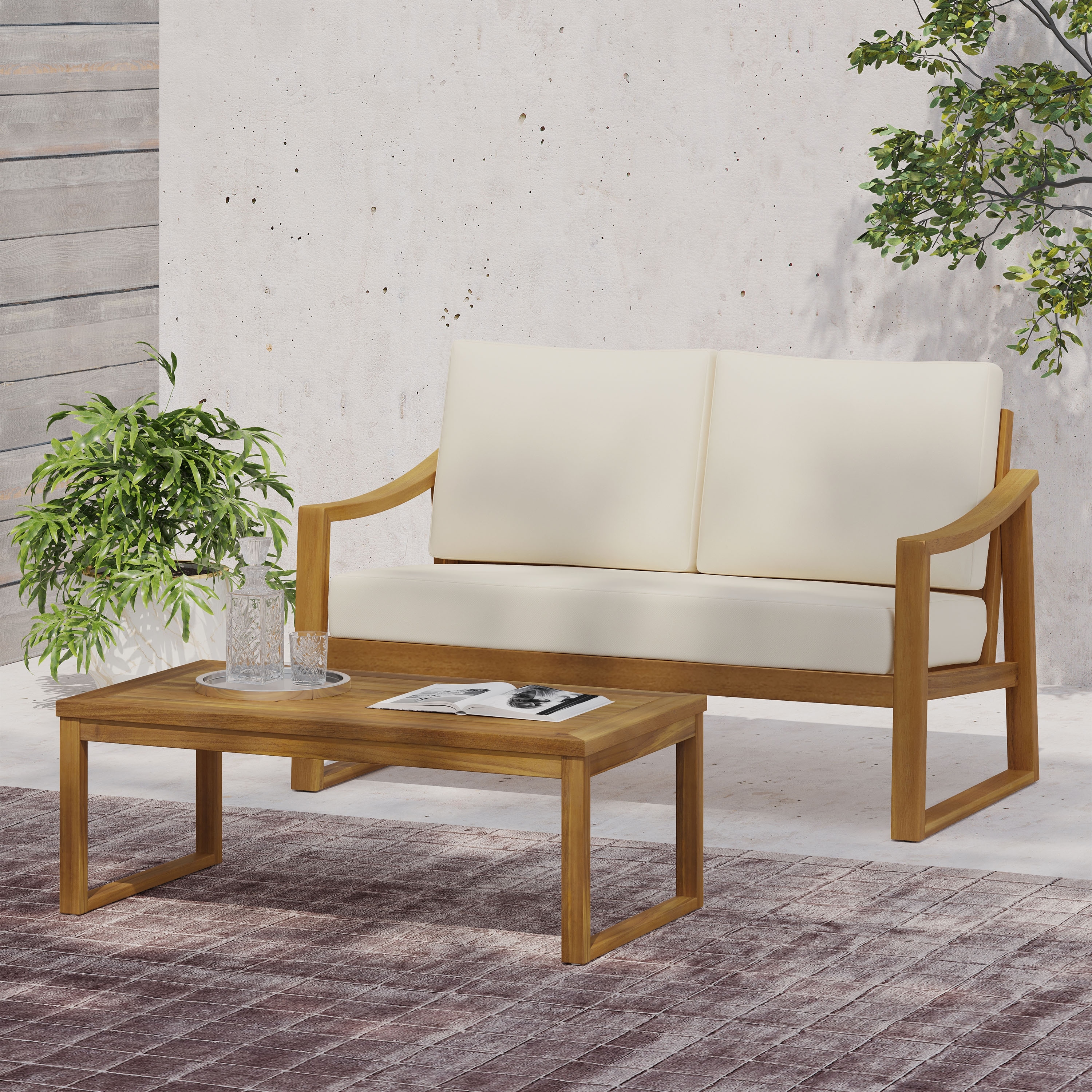 Roomfitters Outdoor Loveseat and Coffee Table Set, Patio Furniture Seating Set, Modern Wood Design