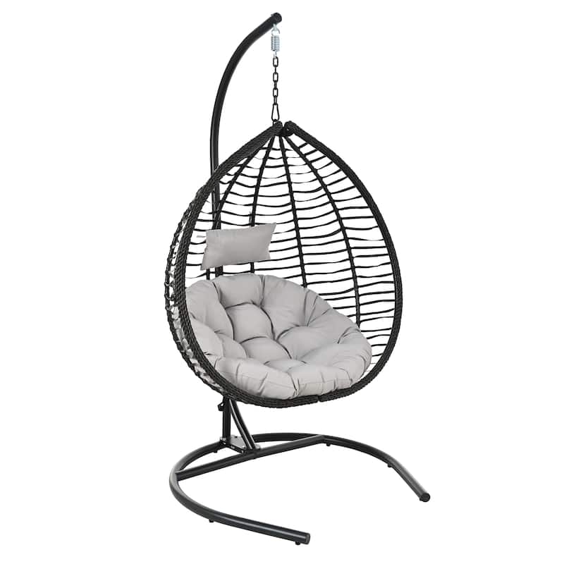 Hanging Hammock Chair with Stand, Foldable Rattan Egg Swing Chair with Iron Frame and Plush Cushion & Removable Headrest