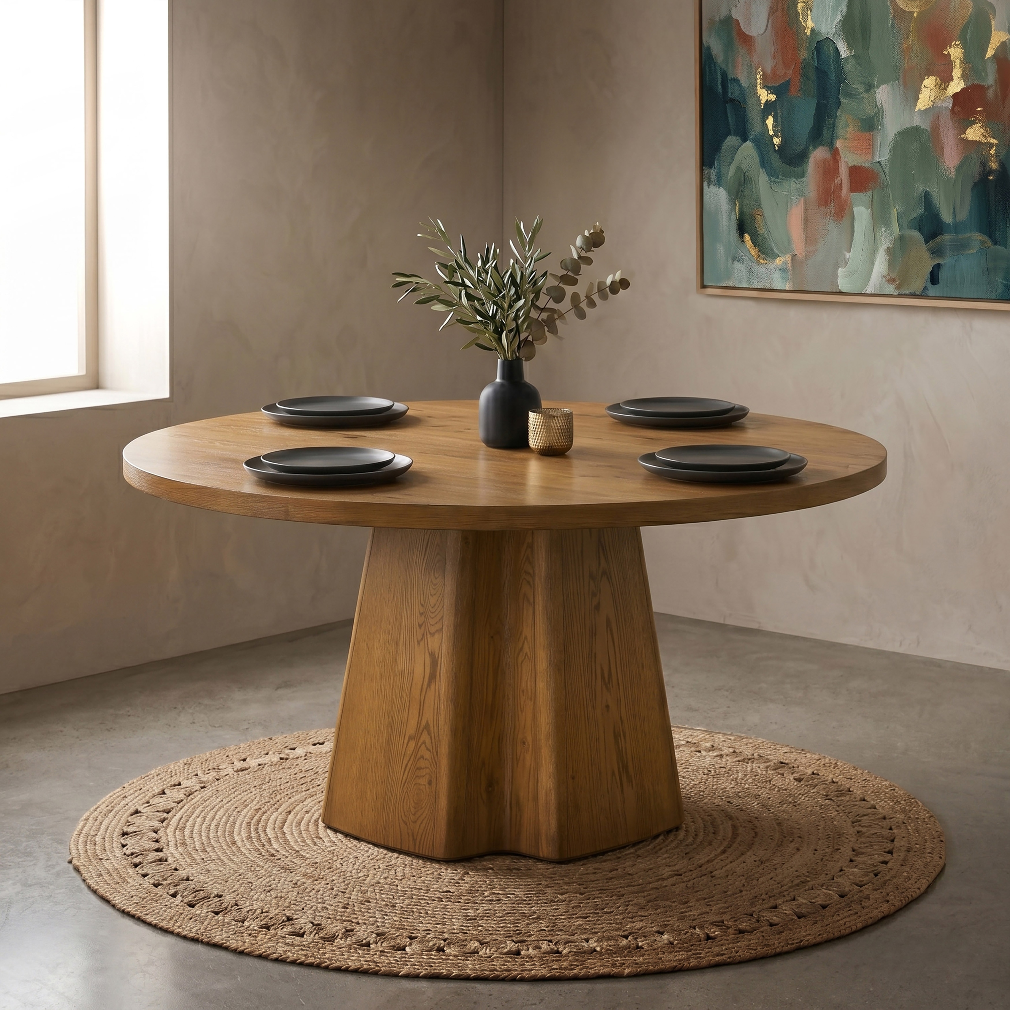 Furniture of America Vitten Modern Organic Walnut Wood Round Dining Table with Pedestal Base