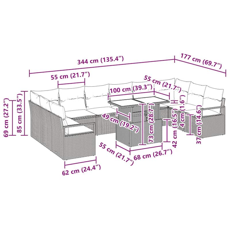 vidaXL 11 Piece Garden Sofa Set with Cushions - 135.4×69.7×27.2