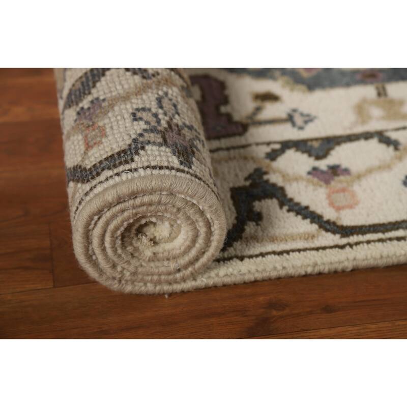 All-Over Ivory Oushak Indian Runner Rug Hand-Knotted Wool Carpet - 2'7"x 8'0"