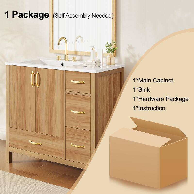Wood Bathroom Vanity with Sink, Free Standing Single Basin Vanity, Storage Cabinet with 2 Doors & 4 Soft-Closing Drawers