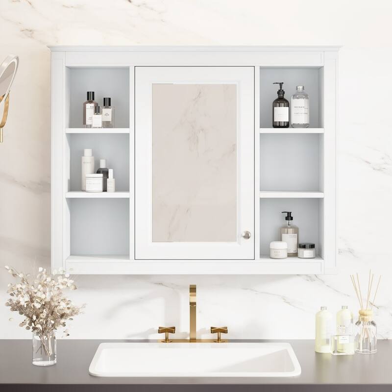 35'' Wall Mounted Bathroom Storage Cabinet with Mirror and 6 Open Shelves - White