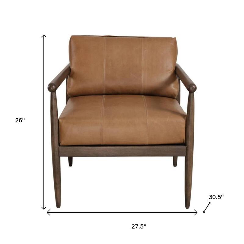 HomeRoots 28" Brown Genuine Leather and Solid Wood Arm Chair - 27.50 in. x 26.00 in. x 30.50 in.