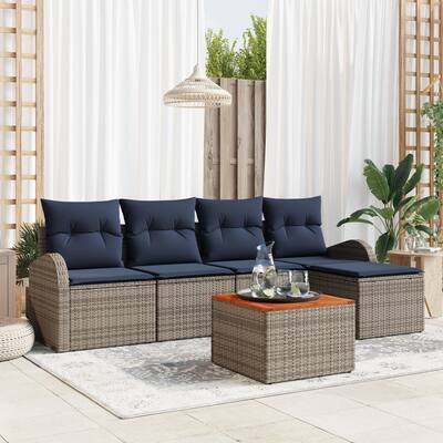 vidaXL 6 Garden Sofa Set with Cushions Black/Grey Poly Rattan - 92.1 x 24.4 x 27.2