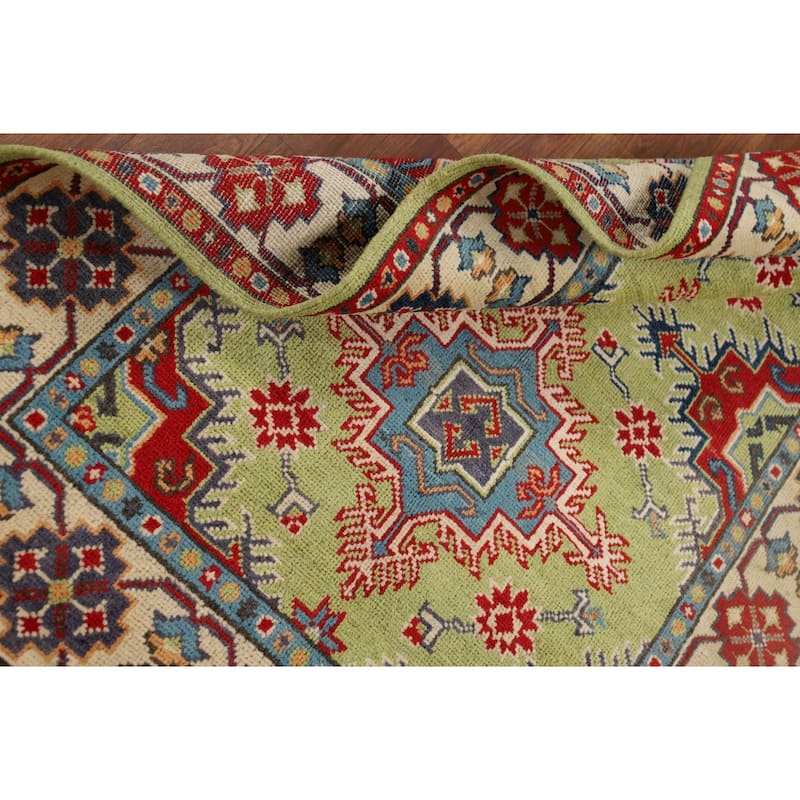 Pistachio Green Geometric Kazak Accent Rug Handmade Wool Carpet - 3'3" x 4'11"