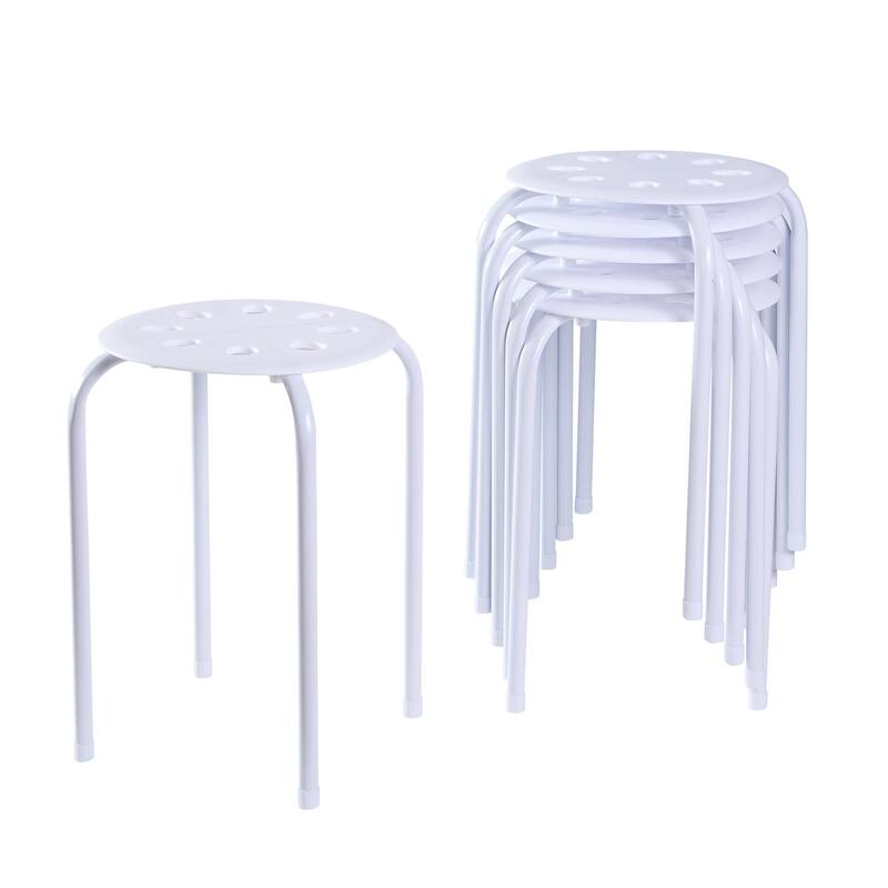 Javlergo 6-Pack Plastic Stackable Stools, Portable 8 Holes Metal Round Top Stools for Kitchen/Classrom - Set of 6 - White