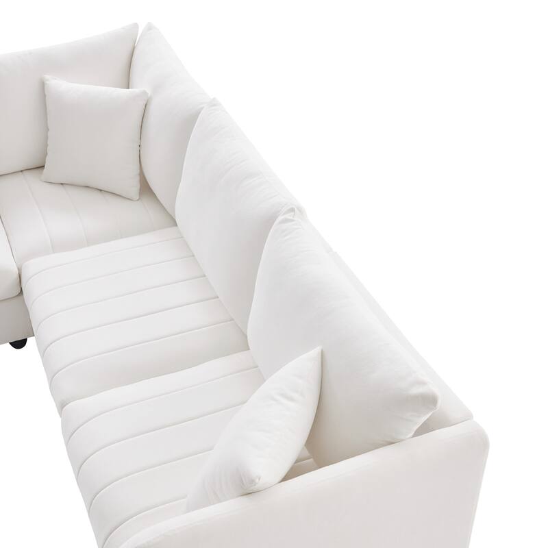 89x79" Modern 5-Seat L-Shaped Sectional Sofa with Movable Ottoman, Striped Cushions, White Polyester Upholstery