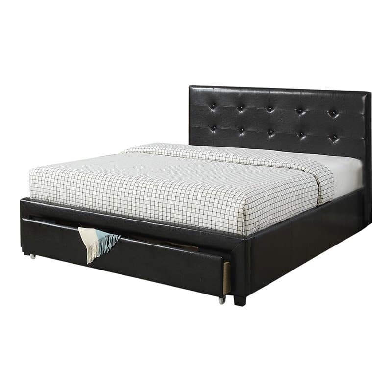 Queen Size Faux Leather Upholstered Storage Bed with Tufted Headboard in Black