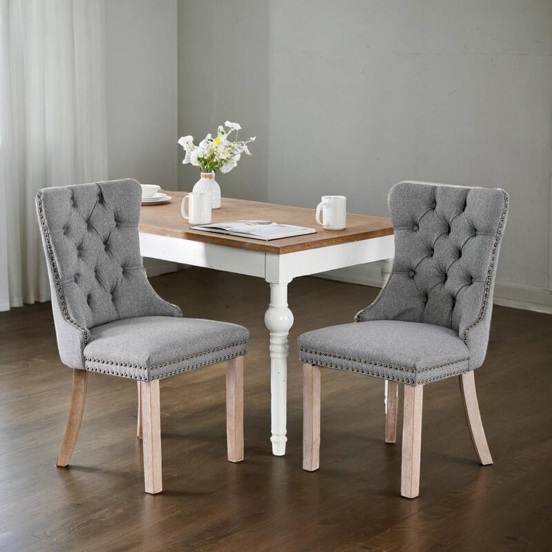 High-end Tufted Solid Wood Contemporary Flax Upholstered Dining Chair with Wood Legs Nailhead Trim 2-Pcs Set - Gray