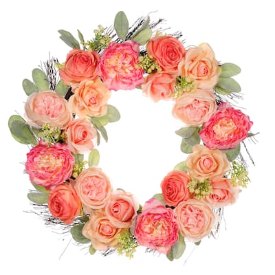 24" Artificial Peony,Rose Floral Spring Wreath With Green Leaves
