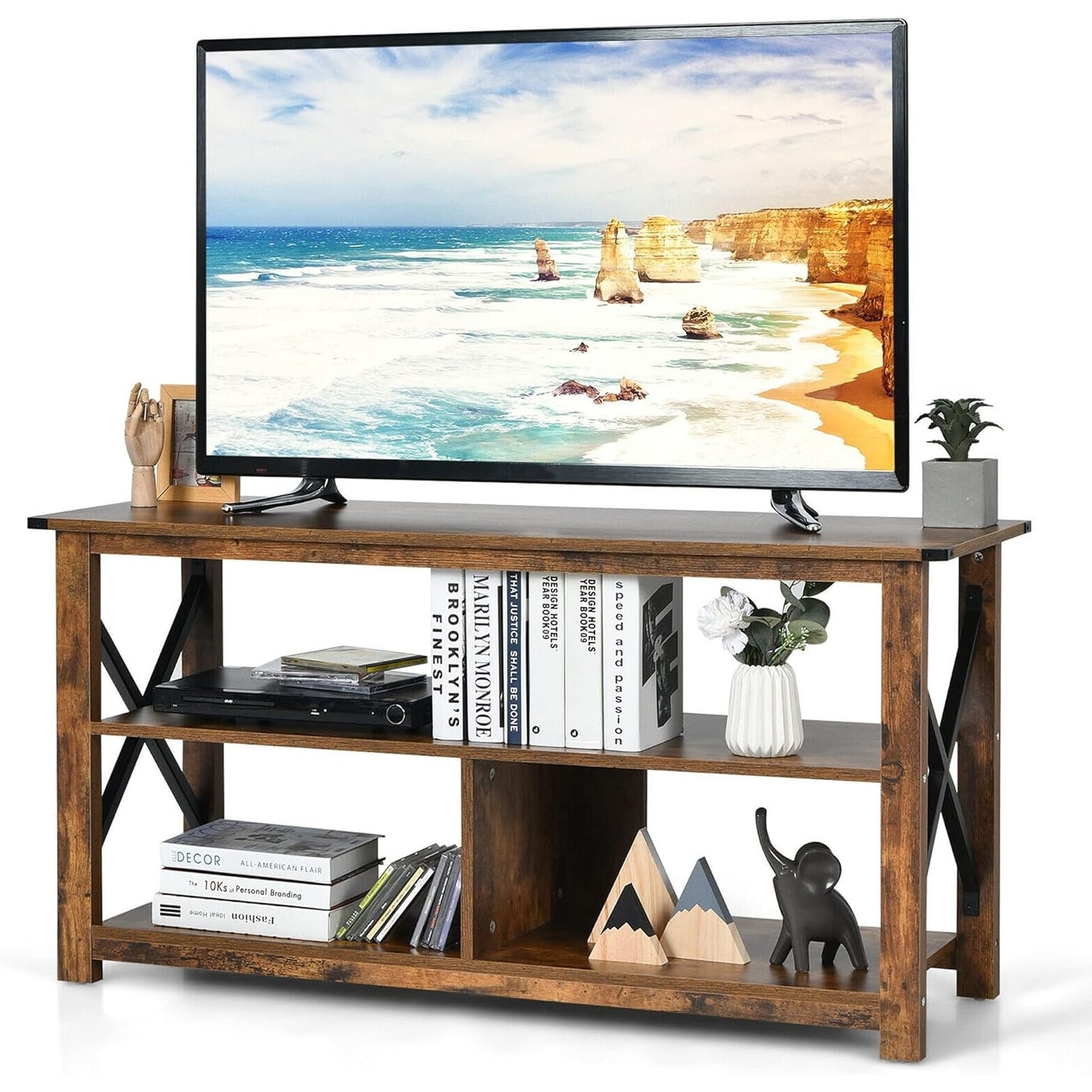 Farmhouse TV Stand for TVs up to 55", Open Shelves, X Frame, Living Room, Bedroom, Brown