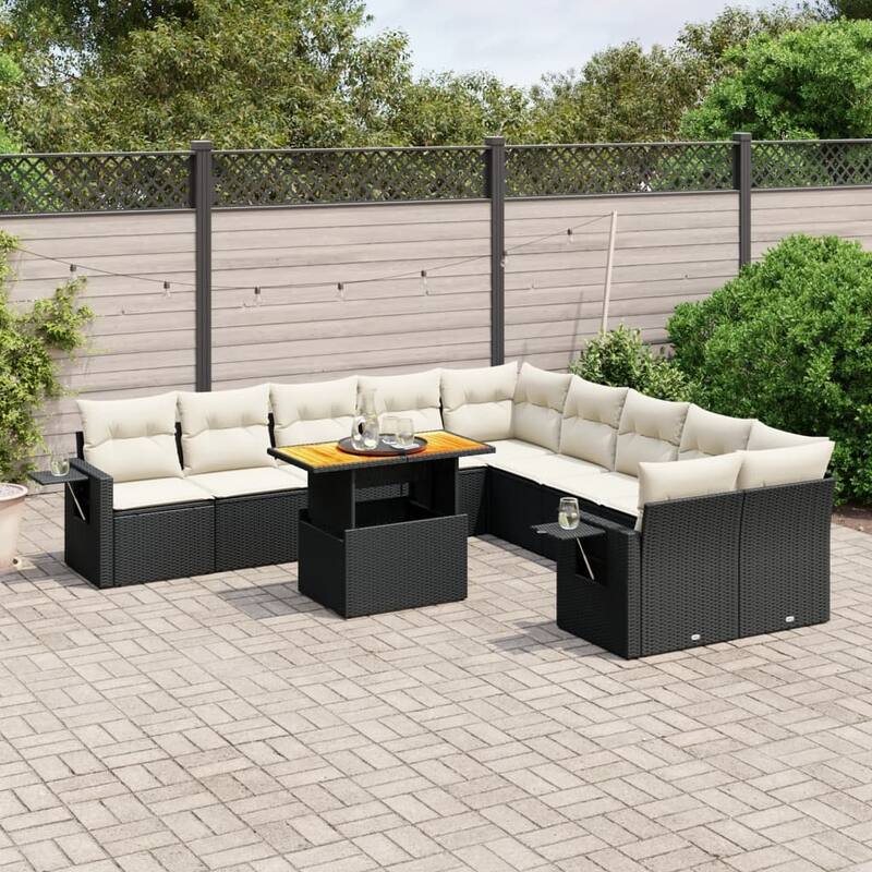vidaXL Patio Sofa Set with Cushions Table and Sofa Sections 11 Piece Poly Rattan - 21.7 x 39.4 x 28.7 - Black  - form2