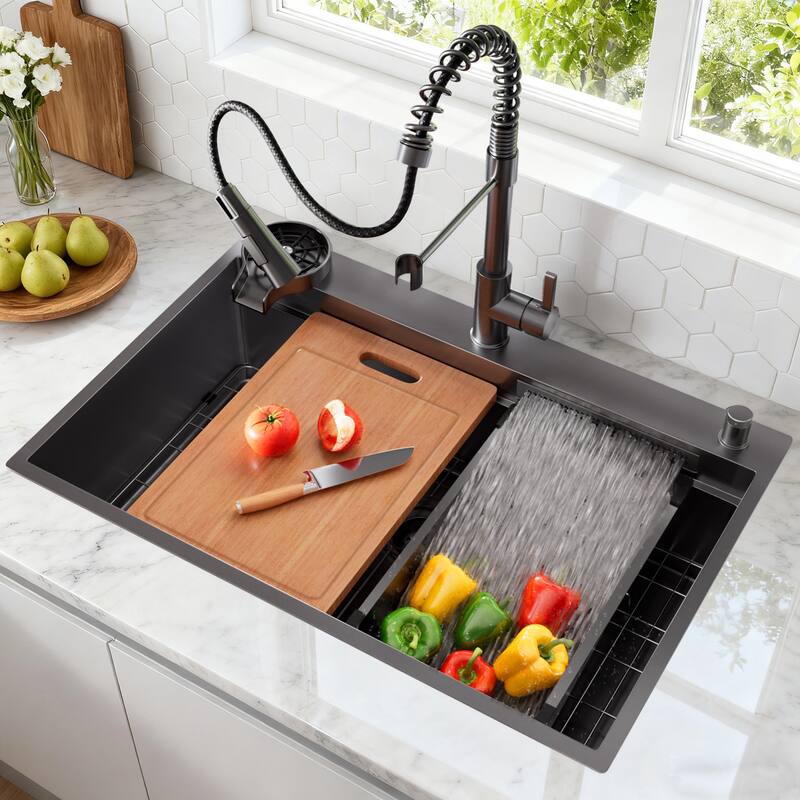 33 Inch Kitchen Sink with Pull Out Faucet Combo, Modern Single Bowl Waterfall Stainless Steel