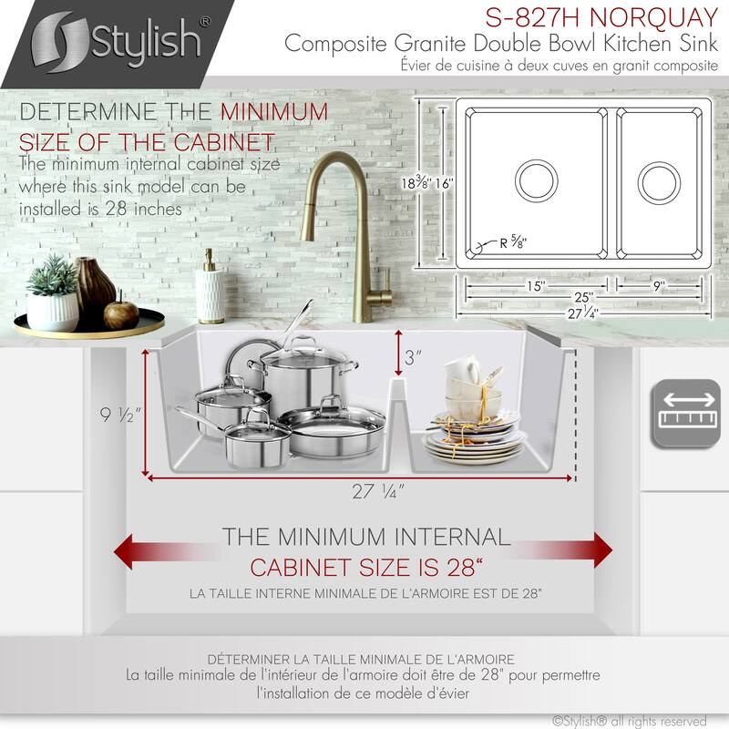 STYLISH 27 inches L x 18 inches W Double Bowl 60/40 Dual Mount Composite Granite Kitchen Sink - 27" x 18" x 9.5"