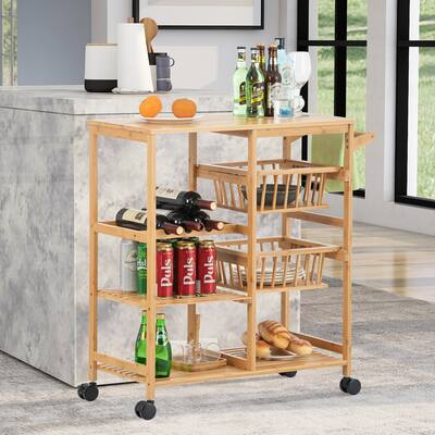 4 Tier Bamboo Dining Cart with Wheels, Dining Room Serving Cart Bar Cart - N/A