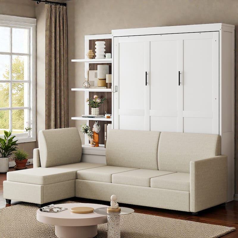 Queen Size Murphy Wall Bed with Sofa and Shelves, Space-Saving Fold Down Bed with Storage, Piston Lift Mechanism