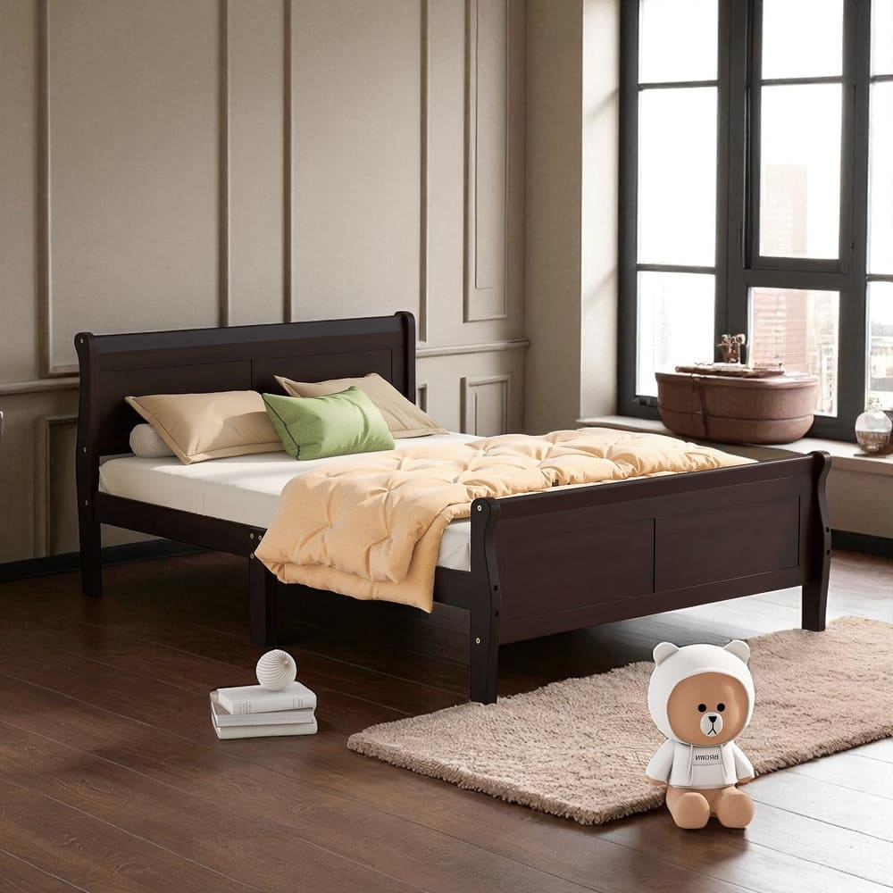 Full/Queen Size Wood Platform Bed Frame with Headboard, Slats, and Oak Finish, No Box Spring Needed