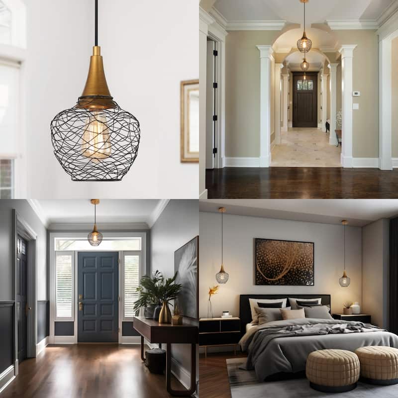 Alisar Mid-century Modern 7inch Mini Farmhouse Metal Cage Lantern Pendant Black Wire Kitchen Island Bar Ceiling Lights