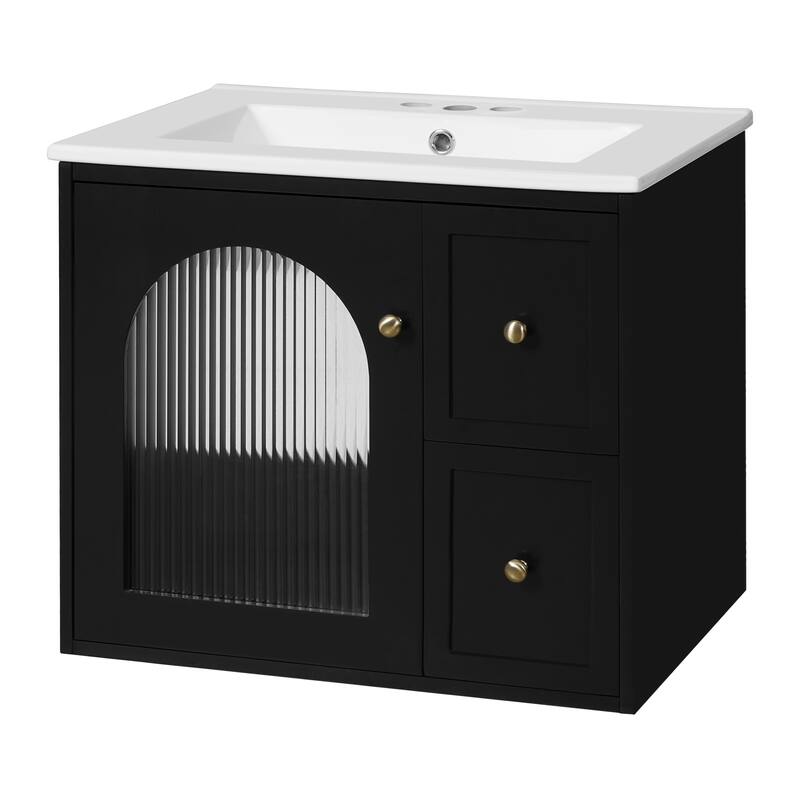 24" Wall Mounted Bathroom Vanity with Ceramic Sink, Floating Bathroom Storage Cabinet with Drawers & Glass Door