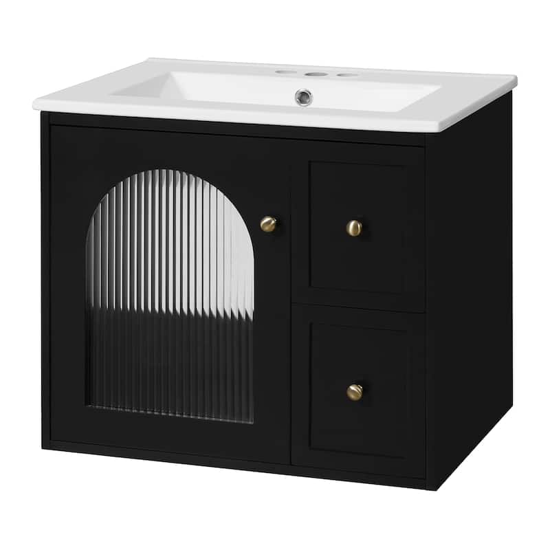 24" Wall-Mounted Bathroom Vanity with Ceramic Sink Combo, Floating Bathroom Storage Cabinet with Glass Doors & 2 Drawers