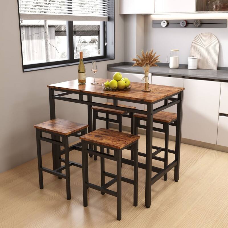 Bar Table Set With 4 High Stools - Brown