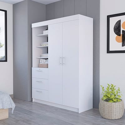 Kenya 3-Drawer Armoire with 3 Upper Shelves, 2 Hangers, Metal Handles, White - N/A