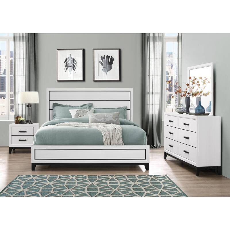 King Size Bed White Veneer Platform Bed with Black Hardware, 4 Slats, Modern Bedroom Furniture