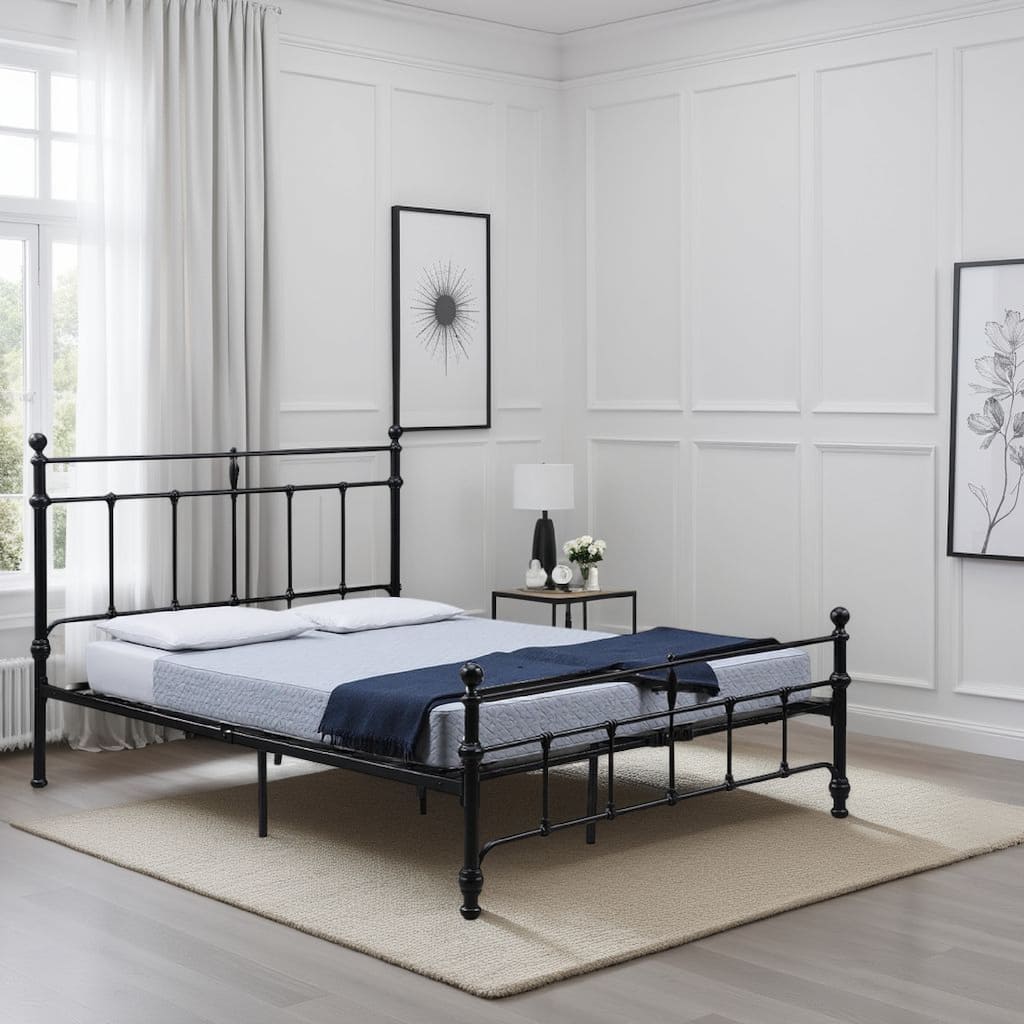 Nevy Queen Size Bed, Classic Intricate Detailed Black Metal Frame
