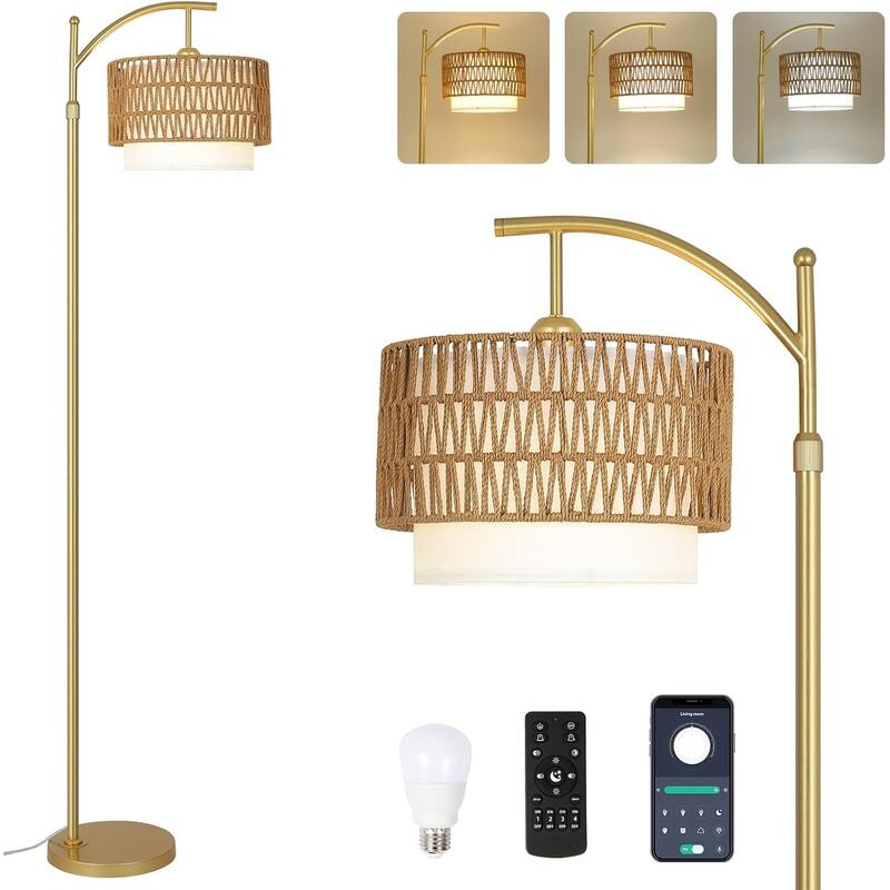 Gold Arc Floor Lamps with Remote & Dimmable LED Bulb, 3 Color Temperatures, Rattan & Fabric Shades, Adjustable Tall Lamp - Brown+Gold